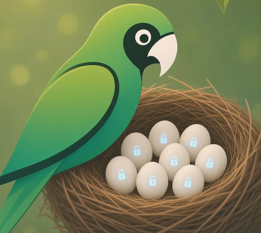 The ParrotIt parrot watching over a nest of eggs, each egg sealed with a padlock