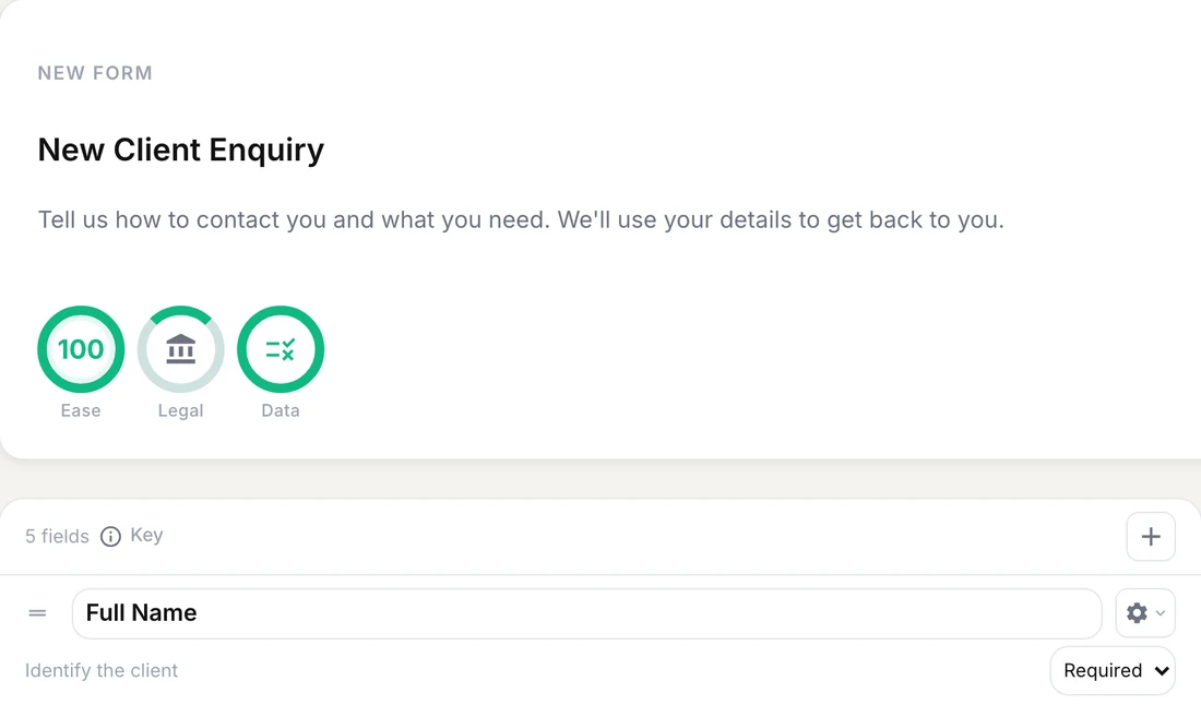 ParrotIt builder showing a New Client Enquiry draft with a Full Name question.