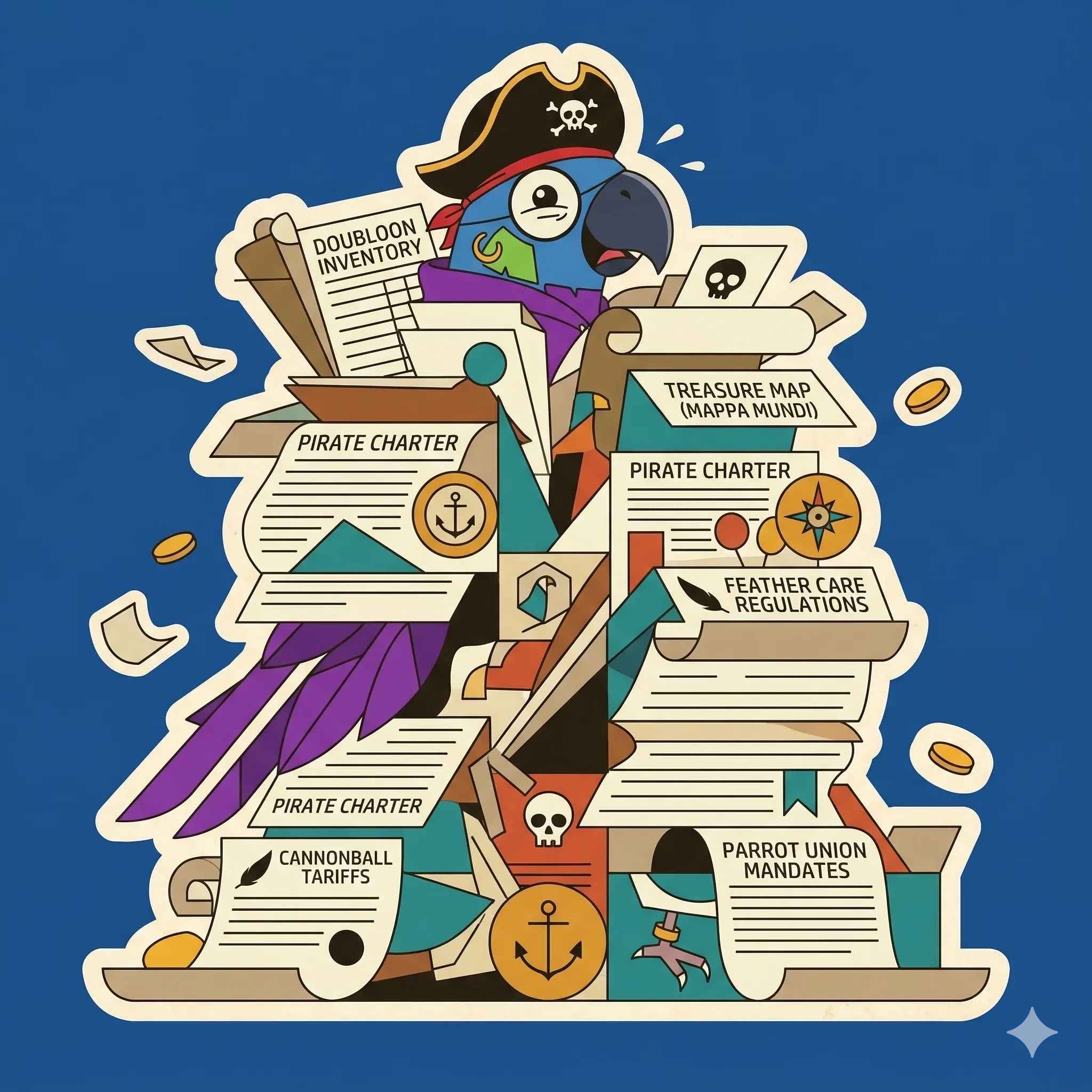 Illustration of a pirate parrot overwhelmed by paperwork